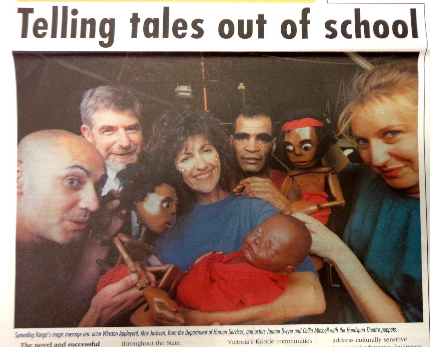 TIE with Koori Health Victoria newspaper clipping of mixed indigenous and anglo-australian cast and puppets
