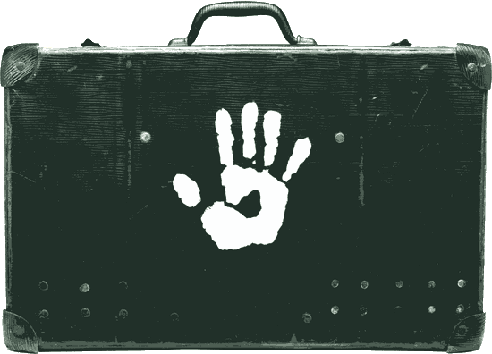 old suitcase with handprint logo