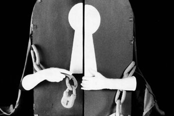 cupboard body costume with locks and chains, with arms reaching round to open them
