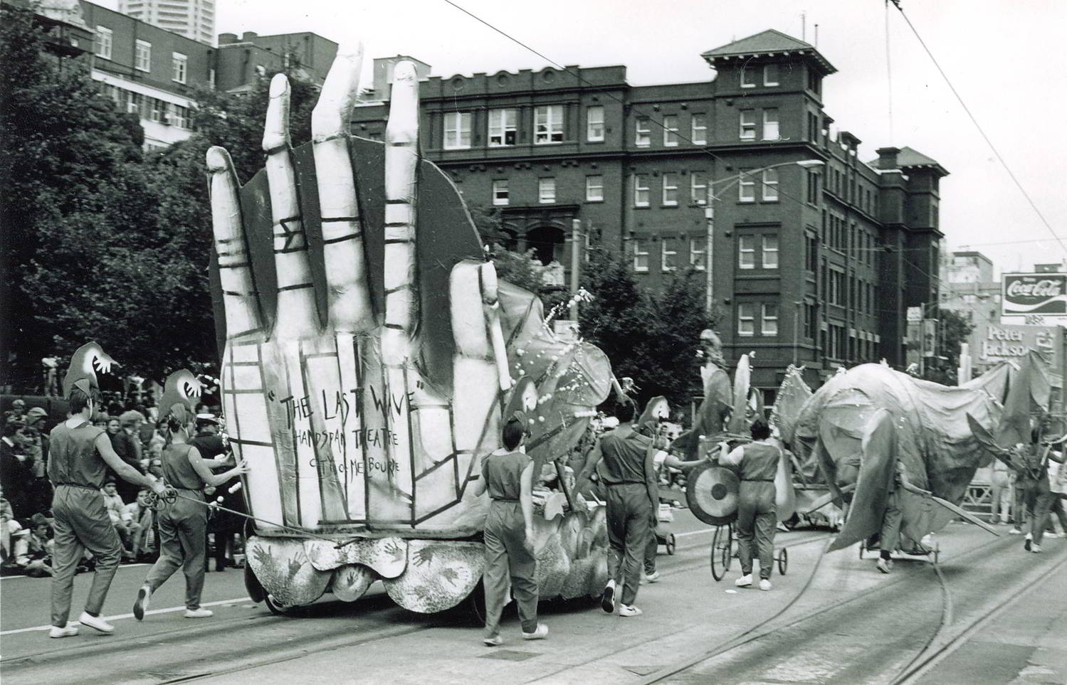 Handspan Theatre Last Wave street float in Swanston St Melbourne